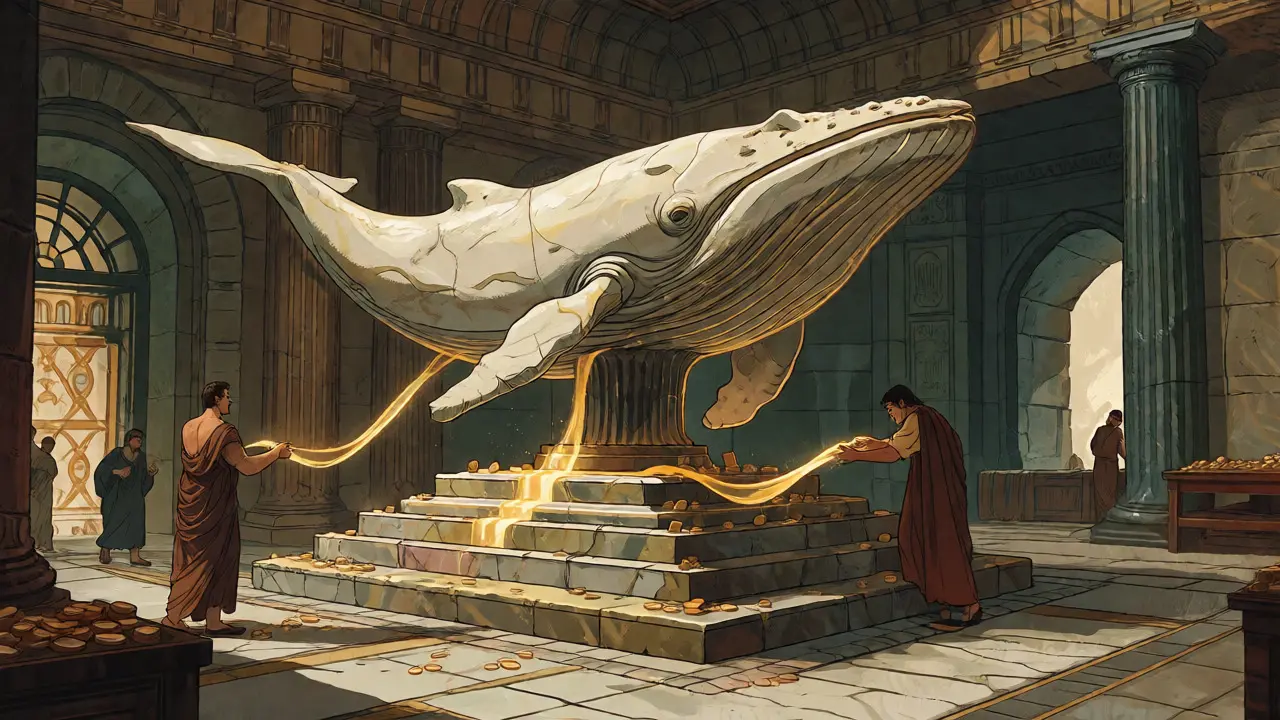 Stylized whales distributing golden light to stakers in an ancient treasury setting.