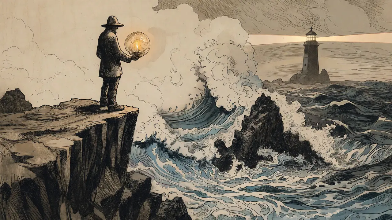 Trader on a cliff holding a glowing token orb above a volatile, dark sea of data streams.