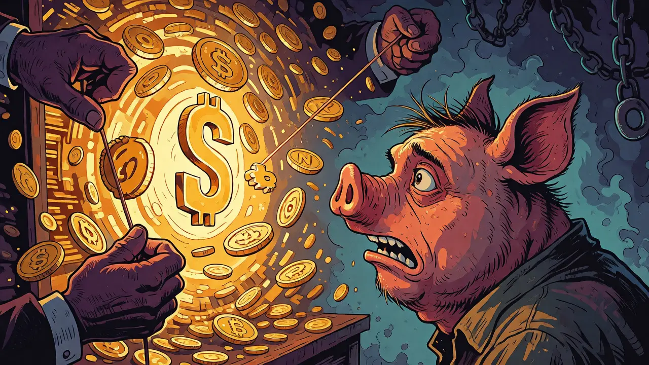 Victim interacting with crypto scam vortex while shadowy figures pull strings