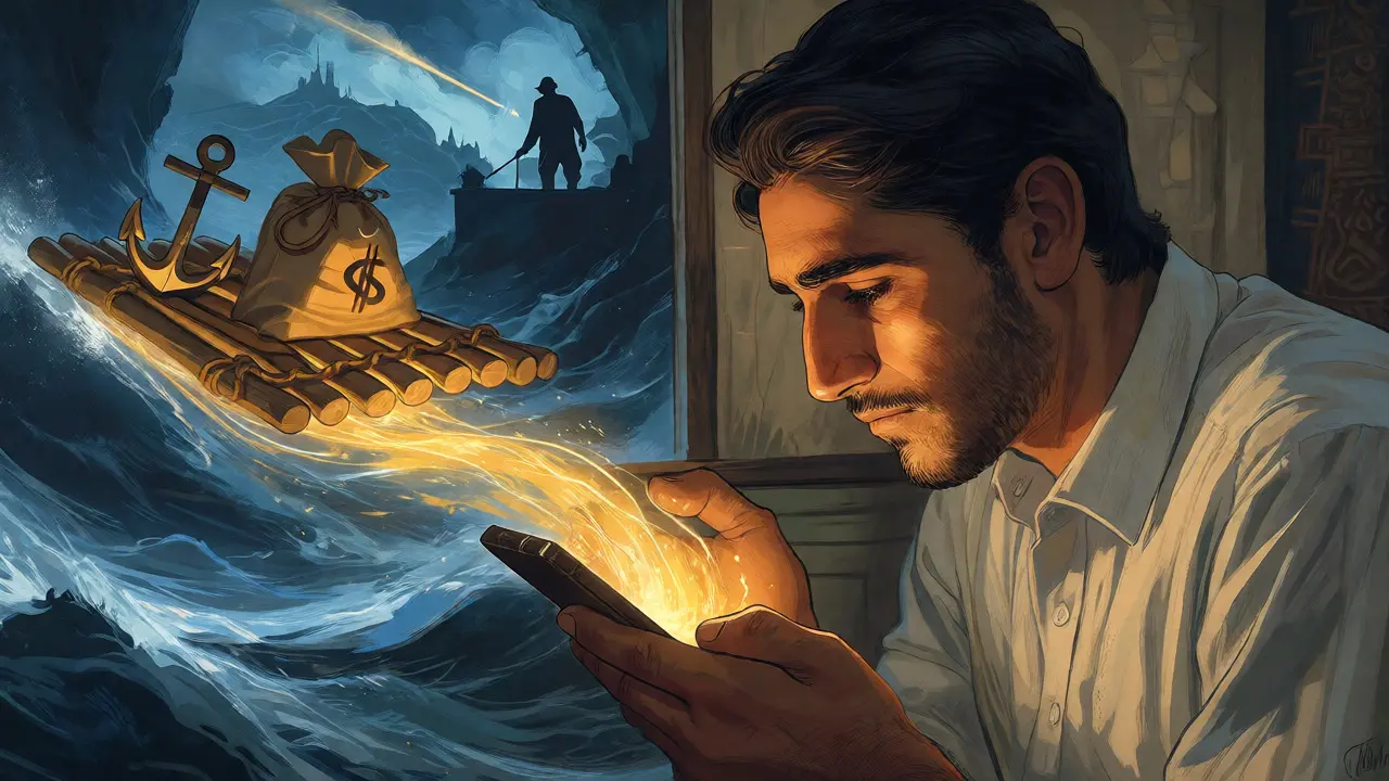 Young man using a phone where digital light forms a raft protecting savings from inflationary waves.